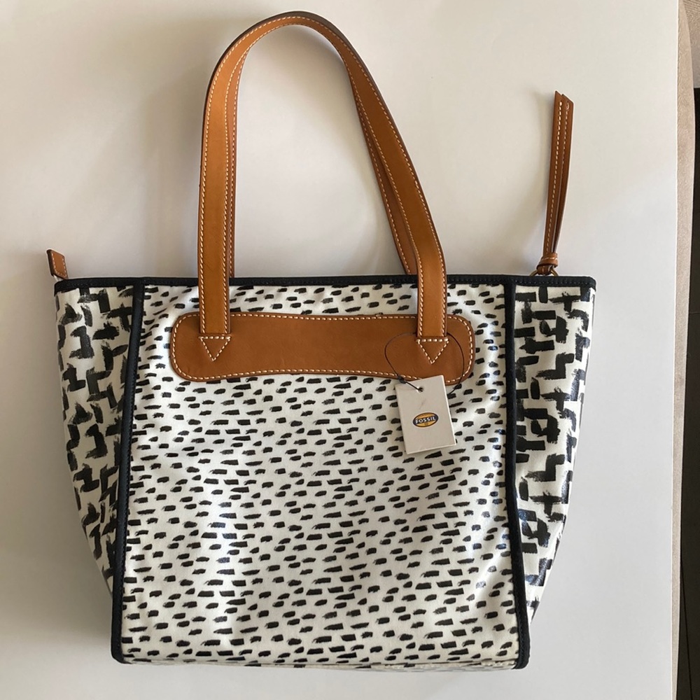 Fossil Purse Keyper Shopper Tote Bag Handbag Black White